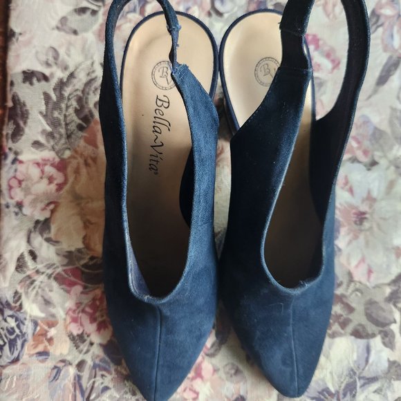 BELLA-VITA women's shoes Blue Leather/Suede Heels size 8W sling back. - Picture 2 of 11